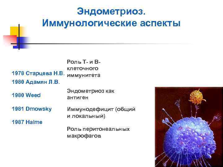 Эндометриоз. Иммунологические аспекты Роль T- и Вклеточного 1978 Старцева Н. В. иммунитета 1980 Адамян