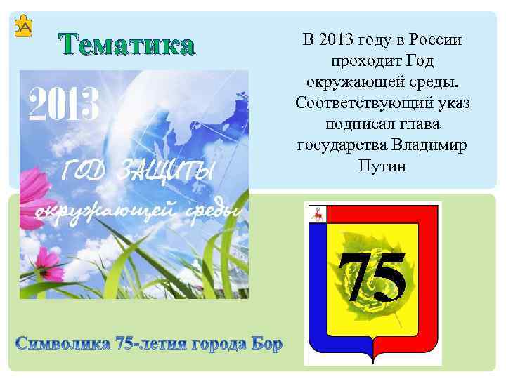 Тематика В 2013 году в России проходит Год окружающей среды. Соответствующий указ подписал глава