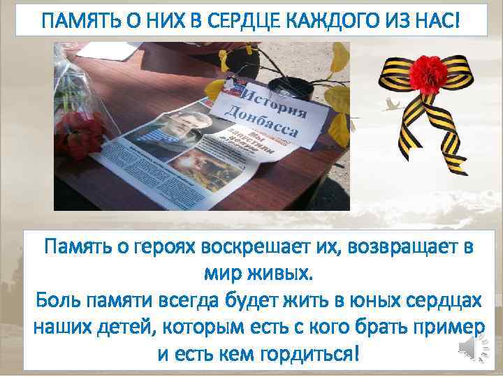 ПАМЯТЬ О НИХ В СЕРДЦЕ КАЖДОГО ИЗ НАС! Память о героях воскрешает их, возвращает