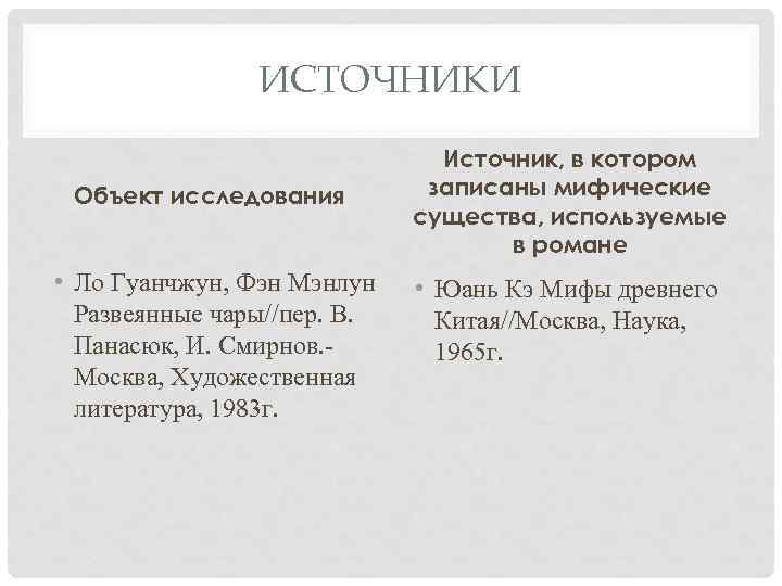 ИСТОЧНИКИ Объект исследования • Ло Гуанчжун, Фэн Мэнлун Развеянные чары//пер. В. Панасюк, И. Смирнов.
