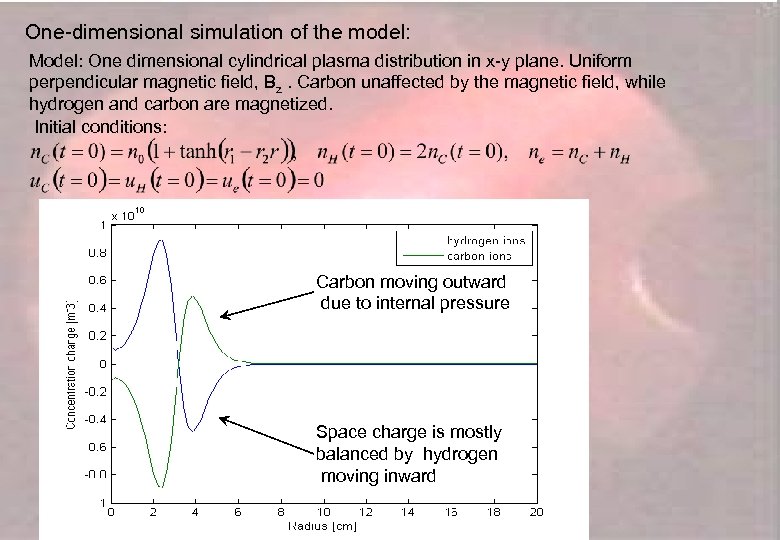 One-dimensional simulation of the model: Model: One dimensional cylindrical plasma distribution in x-y plane.