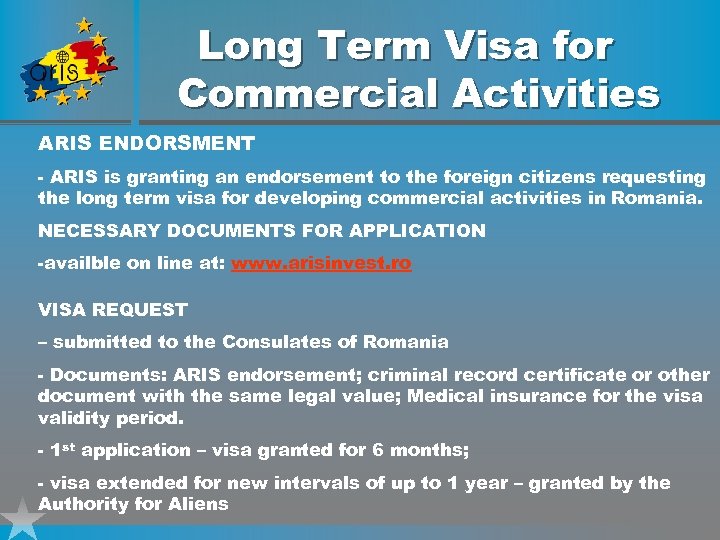 Long Term Visa for Commercial Activities ARIS ENDORSMENT - ARIS is granting an endorsement