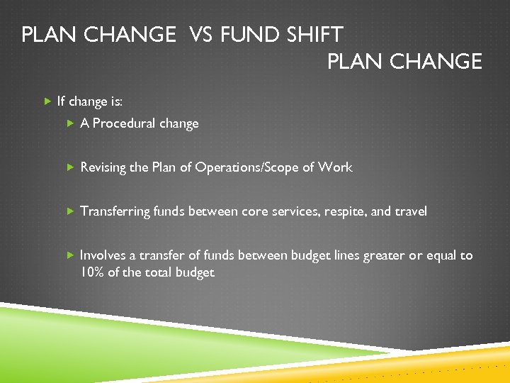 PLAN CHANGE VS FUND SHIFT PLAN CHANGE If change is: A Procedural change Revising