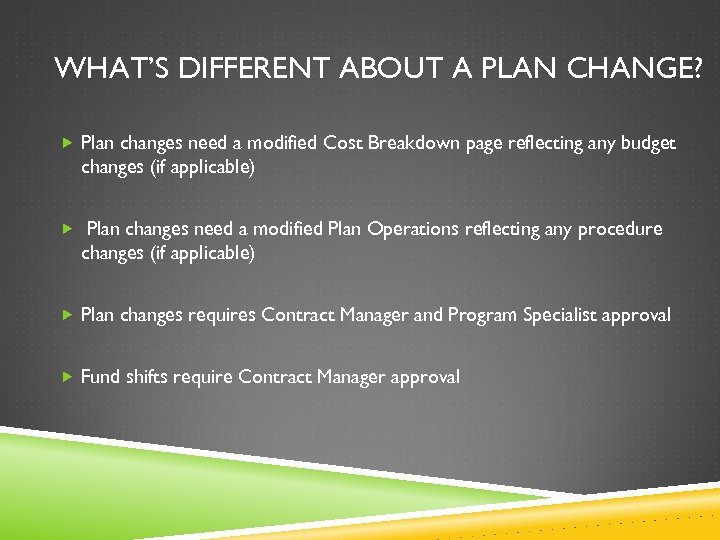 WHAT’S DIFFERENT ABOUT A PLAN CHANGE? Plan changes need a modified Cost Breakdown page