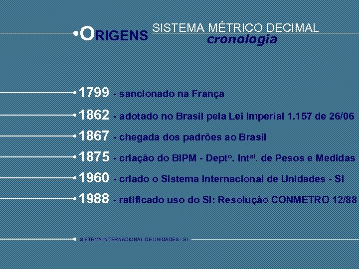  • O SISTEMA MÉTRICO DECIMAL RIGENS cronologia 1799 - sancionado na França 1862