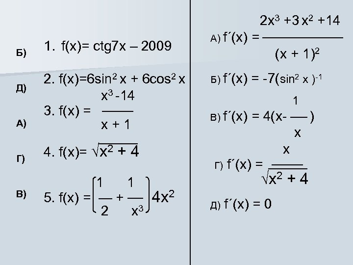 Б) 1. f(x)= ctg 7 х – 2009 А) 2. f(x)=6 sin 2 х