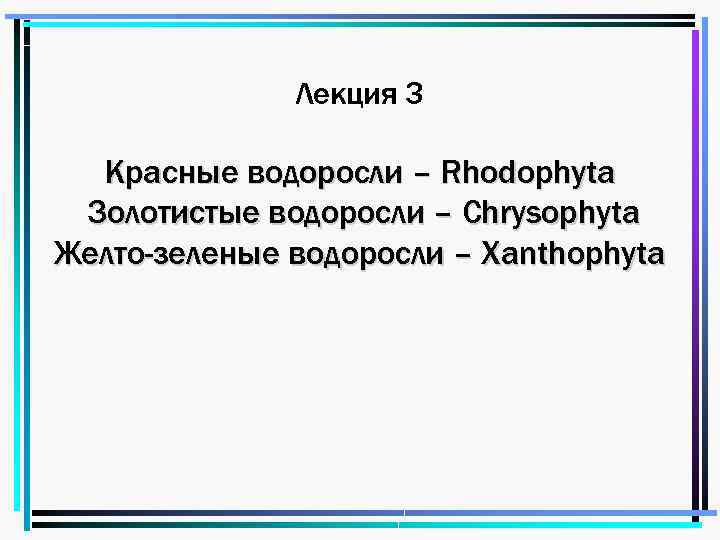 Лекция 3 Красные водоросли – Rhodophyta Золотистые водоросли – Chrysophyta Желто-зеленые водоросли – Xanthophyta