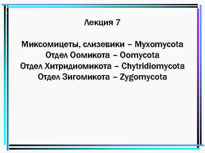 Лекция 7 Миксомицеты, слизевики – Myxomycota Отдел Оомикота – Oomycota Отдел Хитридиомикота – Chytridiomycota