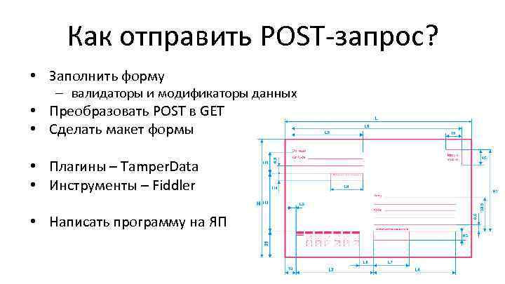 Как отправить POST-запрос? • Заполнить форму – валидаторы и модификаторы данных • Преобразовать POST