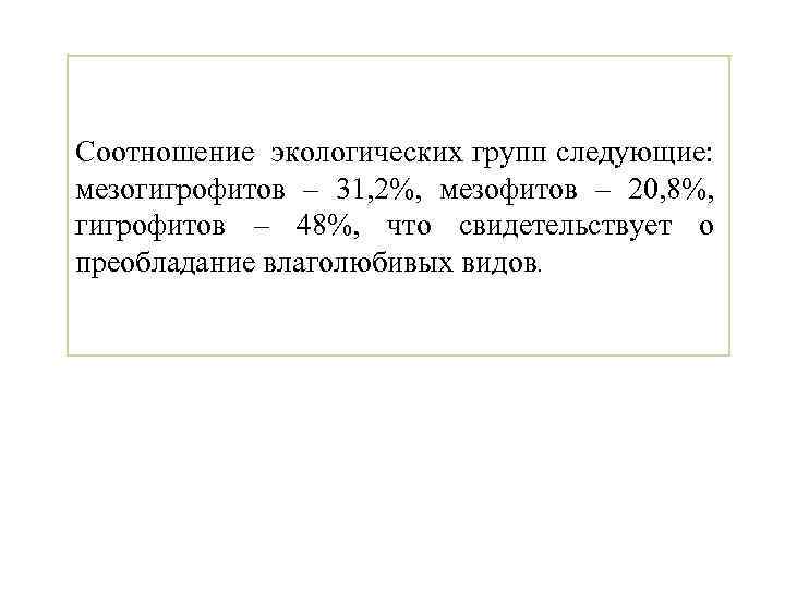 Соотношение экологических групп следующие: мезогигрофитов – 31, 2%, мезофитов – 20, 8%, гигрофитов –