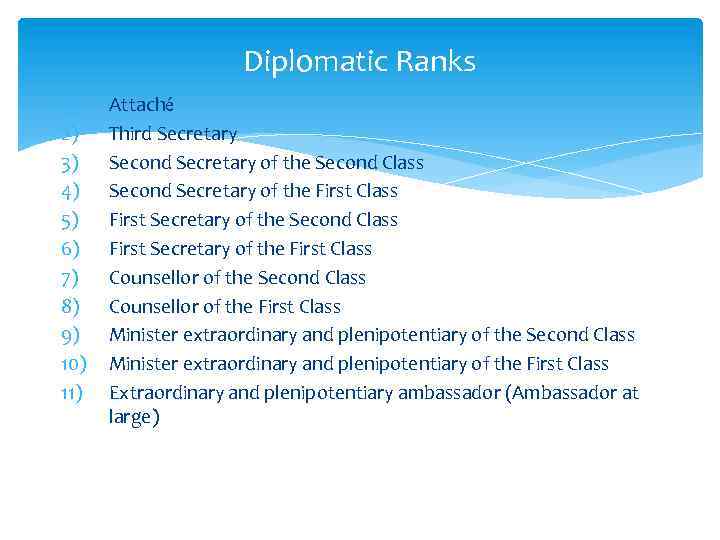 Diplomatic Ranks 1) 2) 3) 4) 5) 6) 7) 8) 9) 10) 11) Attaché