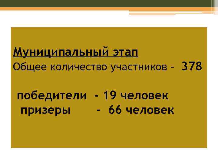 Муниципальный этап Общее количество участников – 378 победители - 19 человек призеры - 66