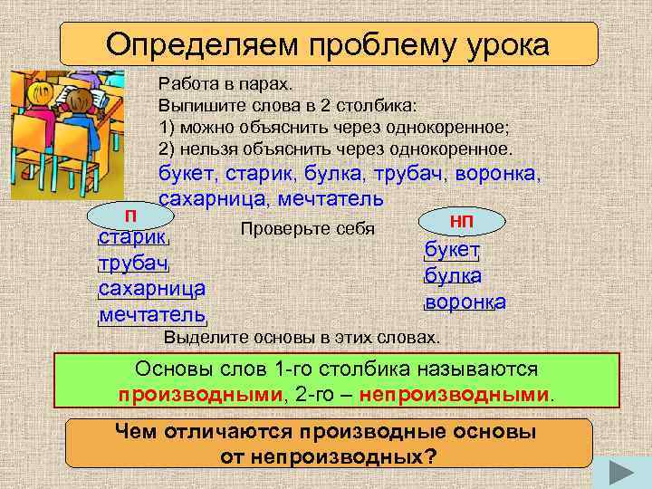 Определяем проблему урока Работа в парах. Выпишите слова в 2 столбика: 1) можно объяснить