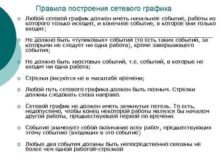 Правила построения сетевого графика ¡ Любой сетевой график должен иметь начальное событие, работы из