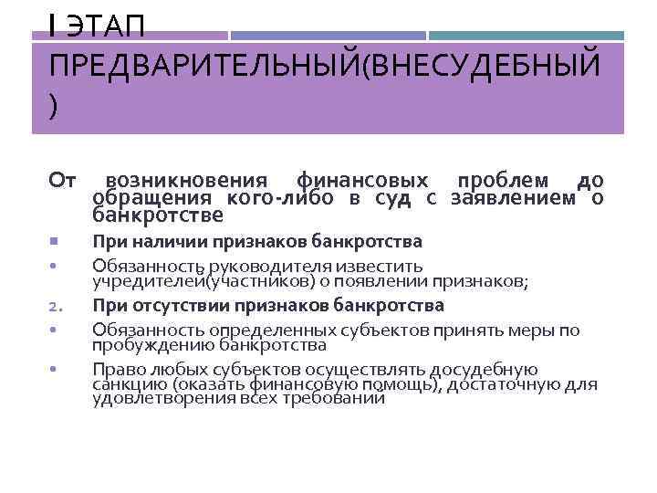 I ЭТАП ПРЕДВАРИТЕЛЬНЫЙ(ВНЕСУДЕБНЫЙ ) От • 2. • • возникновения финансовых проблем до обращения