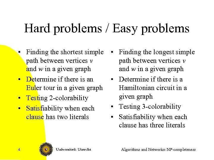 Hard problems / Easy problems • Finding the shortest simple path between vertices v
