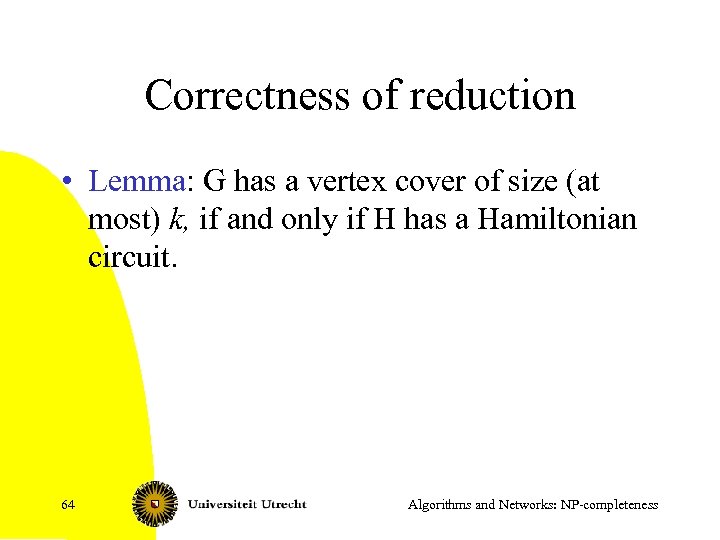 Correctness of reduction • Lemma: G has a vertex cover of size (at most)