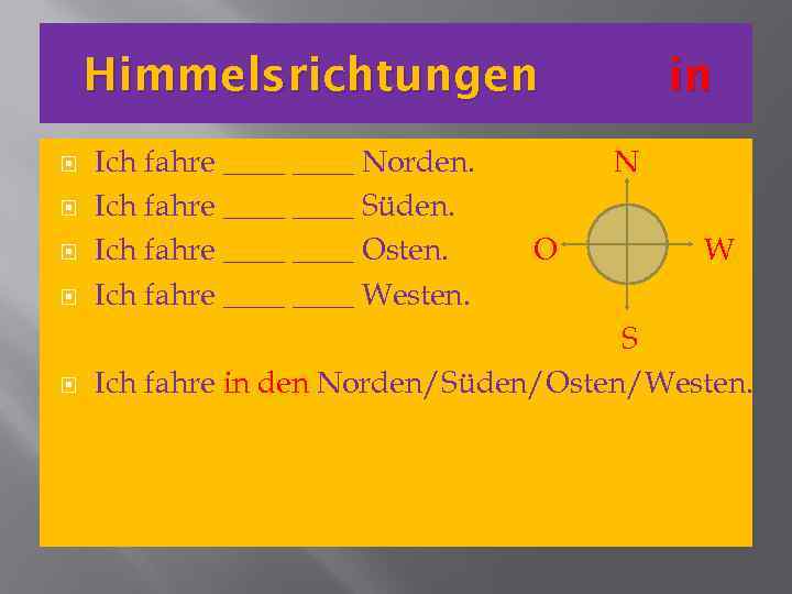 Himmelsrichtungen in Ich fahre ____ Norden. Ich fahre ____ Süden. Ich fahre ____ Osten.