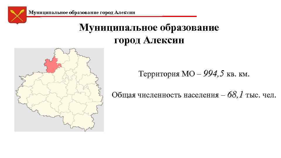 Муниципальное образование город Алексин Территория МО – 994, 5 кв. км. Общая численность населения