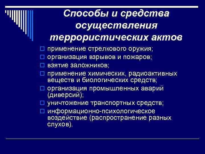 Способы и средства осуществления террористических актов применение стрелкового оружия; организация взрывов и пожаров; взятие