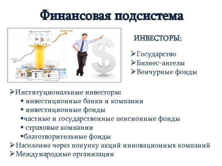 Финансовая подсистема ИНВЕСТОРЫ: ØГосударство ØБизнес-ангелы ØВенчурные фонды ØИнституциональные инвесторы: § инвестиционные банки и компании