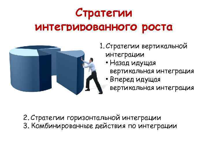 Стратегии интегрированного роста 1. Стратегии вертикальной интеграции • Назад идущая вертикальная интеграция • Вперед