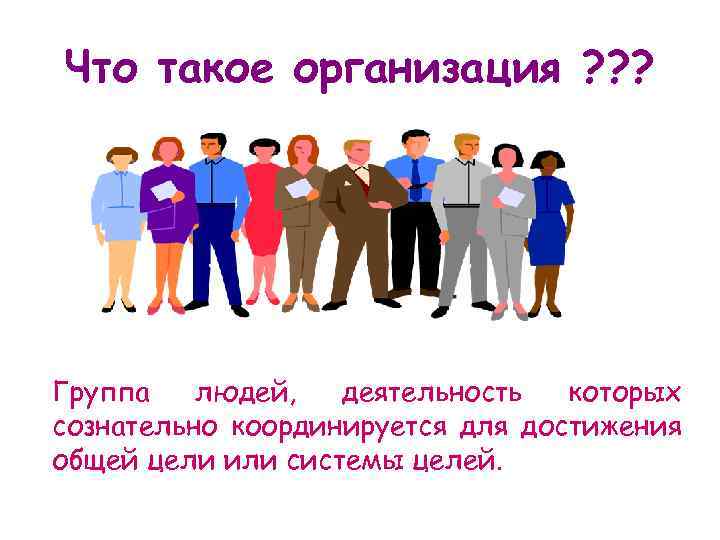 Что такое организация ? ? ? Группа людей, деятельность которых сознательно координируется для достижения