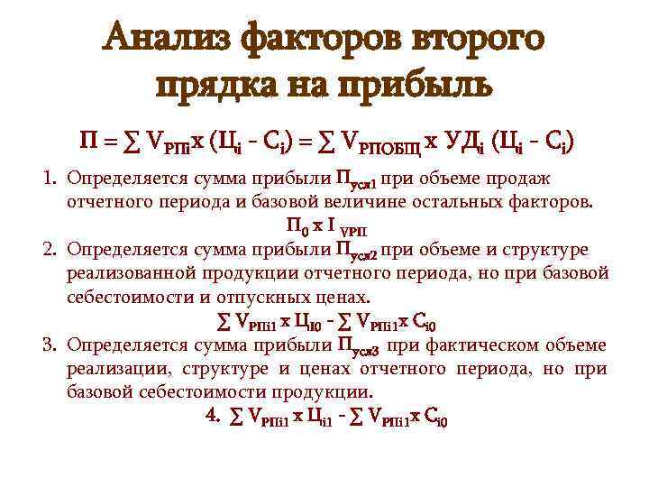 Анализ факторов второго прядка на прибыль П = ∑ VРПix (Цi - Ci) =