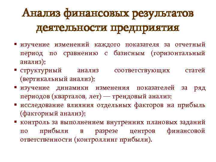 Анализ финансовых результатов деятельности предприятия § изучение изменений каждого показателя за отчетный период по