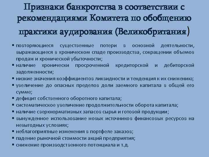 Признаки банкротства в соответствии с рекомендациями Комитета по обобщению практики аудирования (Великобритания) § повторяющиеся