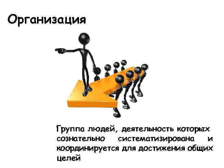 Организация Группа людей, деятельность которых сознательно систематизирована и координируется для достижения общих целей 