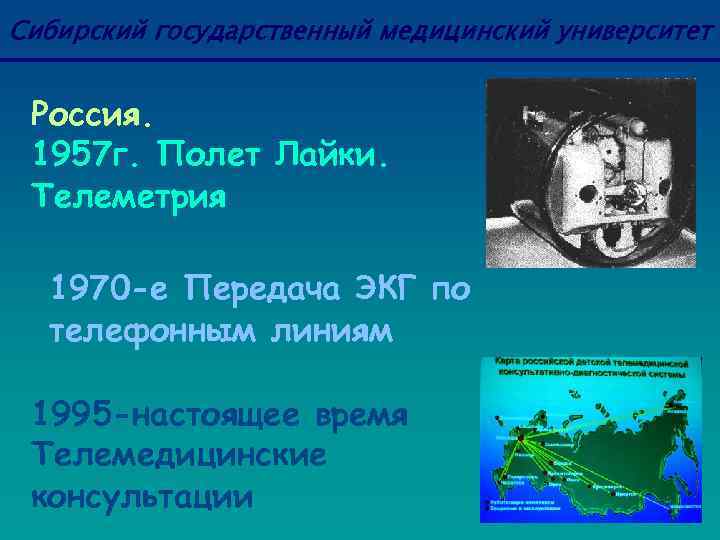 Сибирский государственный медицинский университет Россия. 1957 г. Полет Лайки. Телеметрия 1970 -е Передача ЭКГ