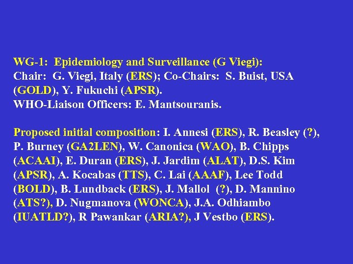 WG-1: Epidemiology and Surveillance (G Viegi): Chair: G. Viegi, Italy (ERS); Co-Chairs: S. Buist,