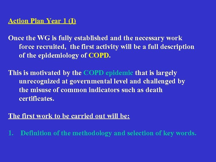 Action Plan Year 1 (I) Once the WG is fully established and the necessary