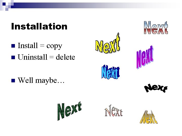 Installation Install = copy n Uninstall = delete n n Well maybe… 