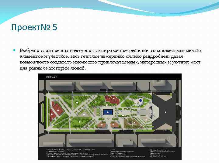 Проект№ 5 Выбрано сложное архитектурно-планировочное решение, со множеством мелких элементов и участков, весь генплан