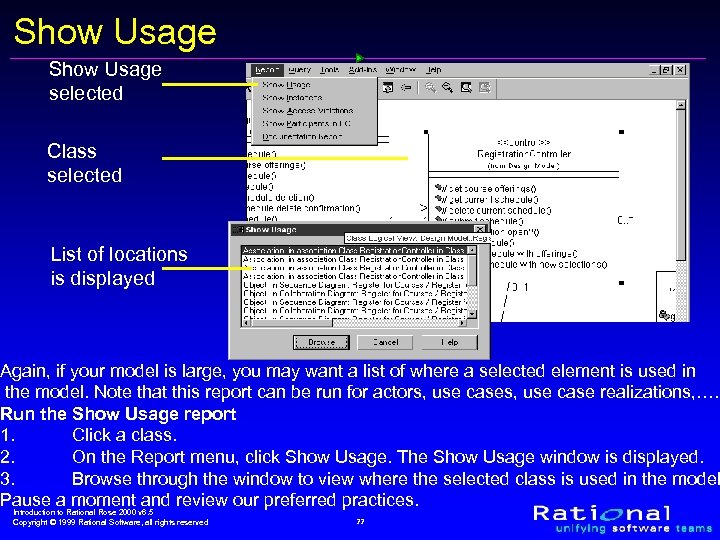 Show Usage selected Class selected List of locations is displayed Again, if your model