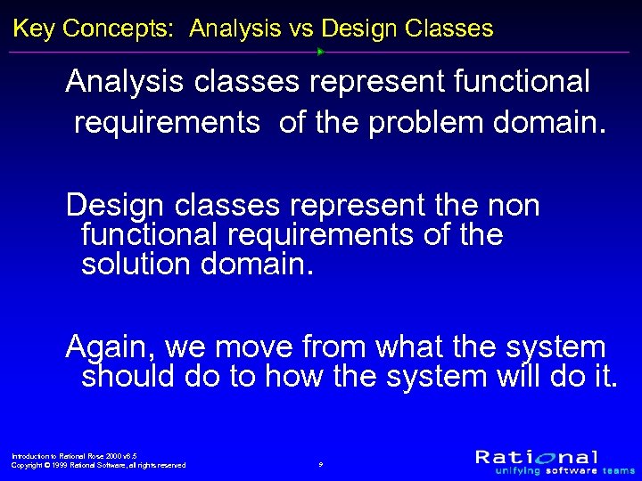Key Concepts: Analysis vs Design Classes Analysis classes represent functional requirements of the problem