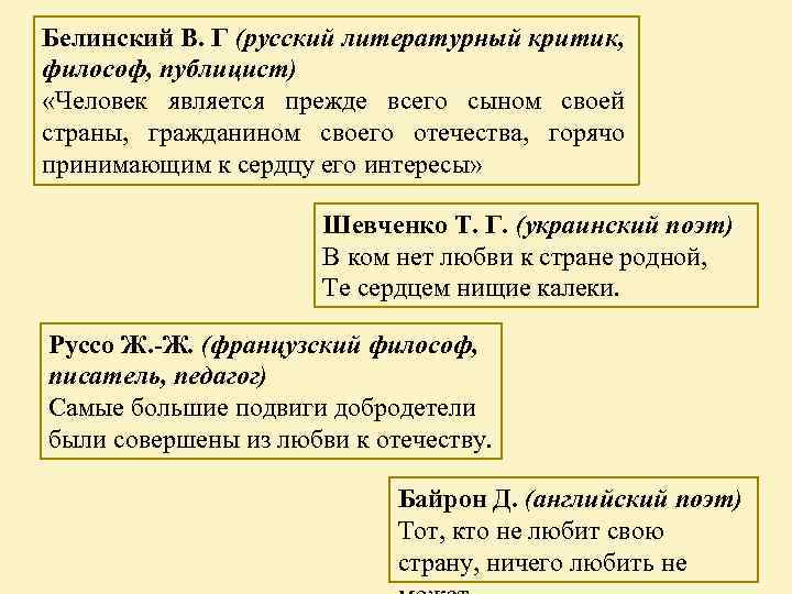 Белинский В. Г (русский литературный критик, философ, публицист) «Человек является прежде всего сыном своей