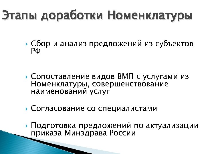 Этапы доработки Номенклатуры Сбор и анализ предложений из субъектов РФ Сопоставление видов ВМП с