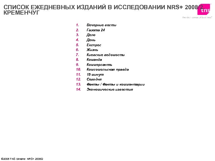 СПИСОК ЕЖЕДНЕВНЫХ ИЗДАНИЙ В ИССЛЕДОВАНИИ NRS+ 2008/2. КРЕМЕНЧУГ 1. 2. 3. 4. 5. 6.