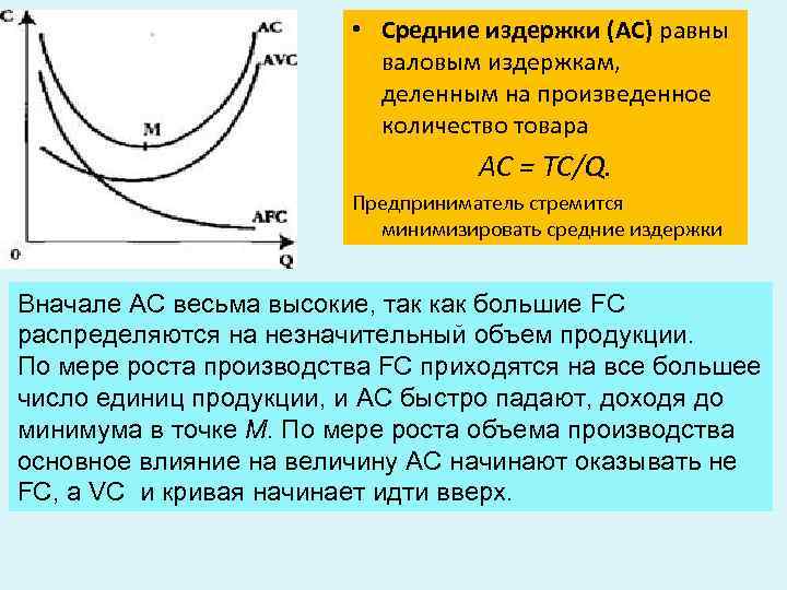  • Средние издержки (АС) равны валовым издержкам, деленным на произведенное количество товара АС