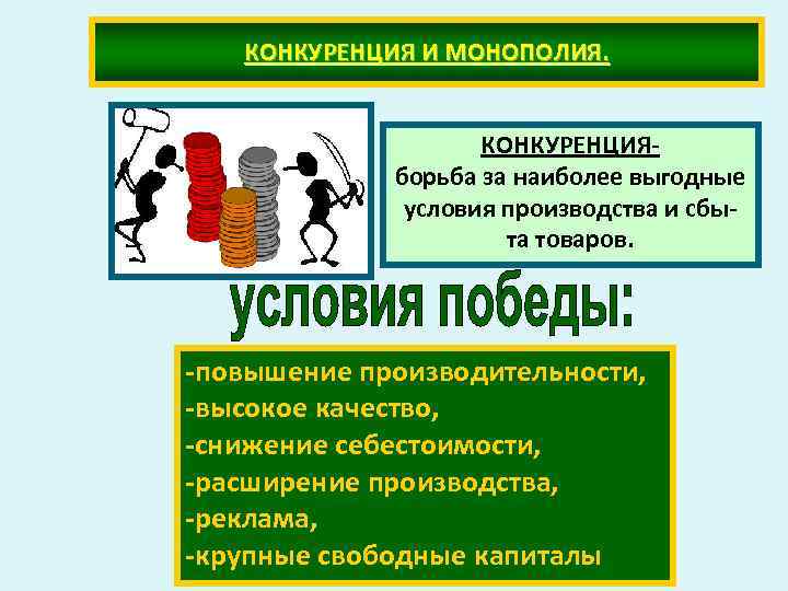 КОНКУРЕНЦИЯ И МОНОПОЛИЯ. КОНКУРЕНЦИЯборьба за наиболее выгодные условия производства и сбыта товаров. -повышение производительности,