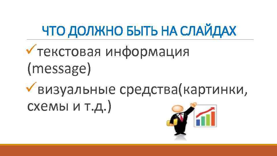 ЧТО ДОЛЖНО БЫТЬ НА СЛАЙДАХ üтекстовая информация (message) üвизуальные средства(картинки, схемы и т. д.