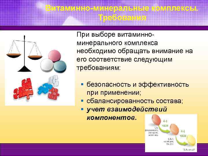 Витаминно-минеральные комплексы. Требования При выборе витаминноминерального комплекса необходимо обращать внимание на его соответствие следующим