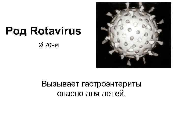 Род Rotavirus Ø 70 нм Вызывает гастроэнтериты опасно для детей. 