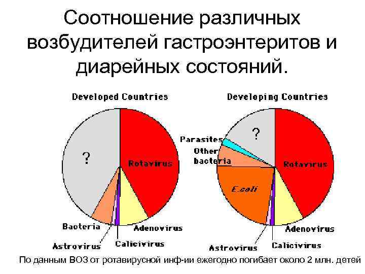 Соотношение различных возбудителей гастроэнтеритов и диарейных состояний. По данным ВОЗ от ротавирусной инф-ии ежегодно