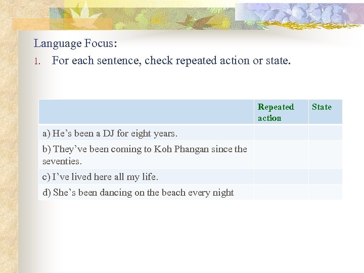 Language Focus: 1. For each sentence, check repeated action or state. Repeated action a)