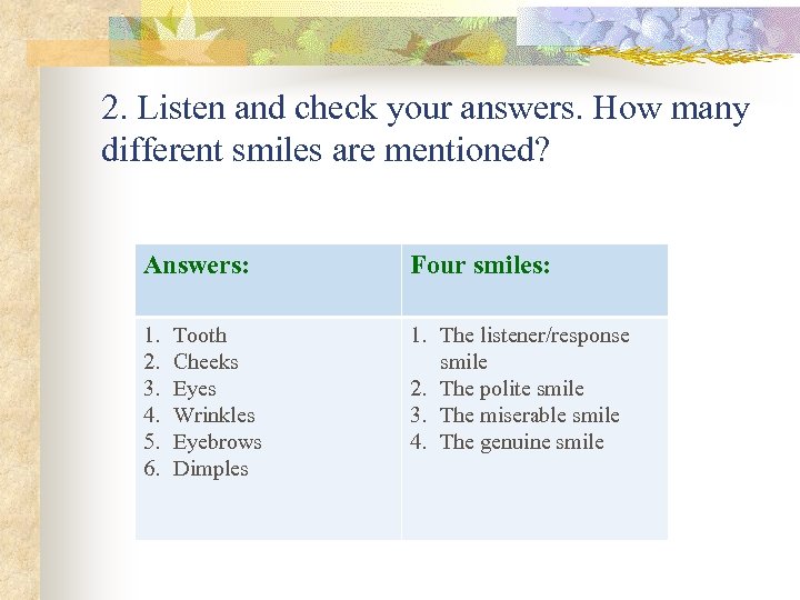 2. Listen and check your answers. How many different smiles are mentioned? Answers: Four