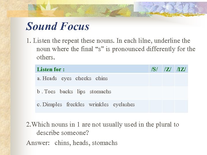 Sound Focus 1. Listen the repeat these nouns. In each lilne, underline the noun